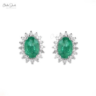 Real 14k Gold Emerald Diamond Cluster Halo Stud Earrings