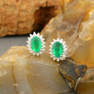 Real 14k Gold Emerald Diamond Cluster Halo Stud Earrings