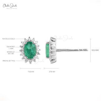 Real 14k Gold Emerald Diamond Cluster Halo Stud Earrings