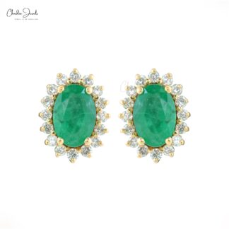 Prong Set Emerald & Diamond Halo 14k Solid Yellow Gold Earrings