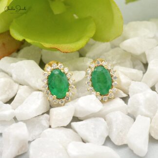 Prong Set Emerald & Diamond Halo 14k Solid Yellow Gold Earrings