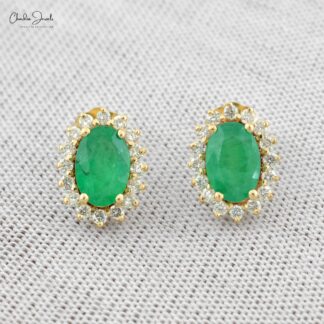 Prong Set Emerald & Diamond Halo 14k Solid Yellow Gold Earrings