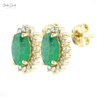 Prong Set Emerald & Diamond Halo 14k Solid Yellow Gold Earrings