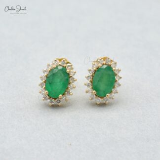 Prong Set Emerald & Diamond Halo 14k Solid Yellow Gold Earrings