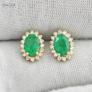 Prong Set Emerald & Diamond Halo 14k Solid Yellow Gold Earrings