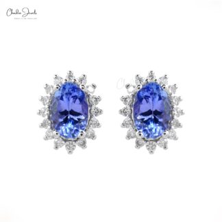 Oval-Cut 1.08ct Tanzanite Earrings with Diamond Halo in 14k Solid White Gold Charm Jewelry
