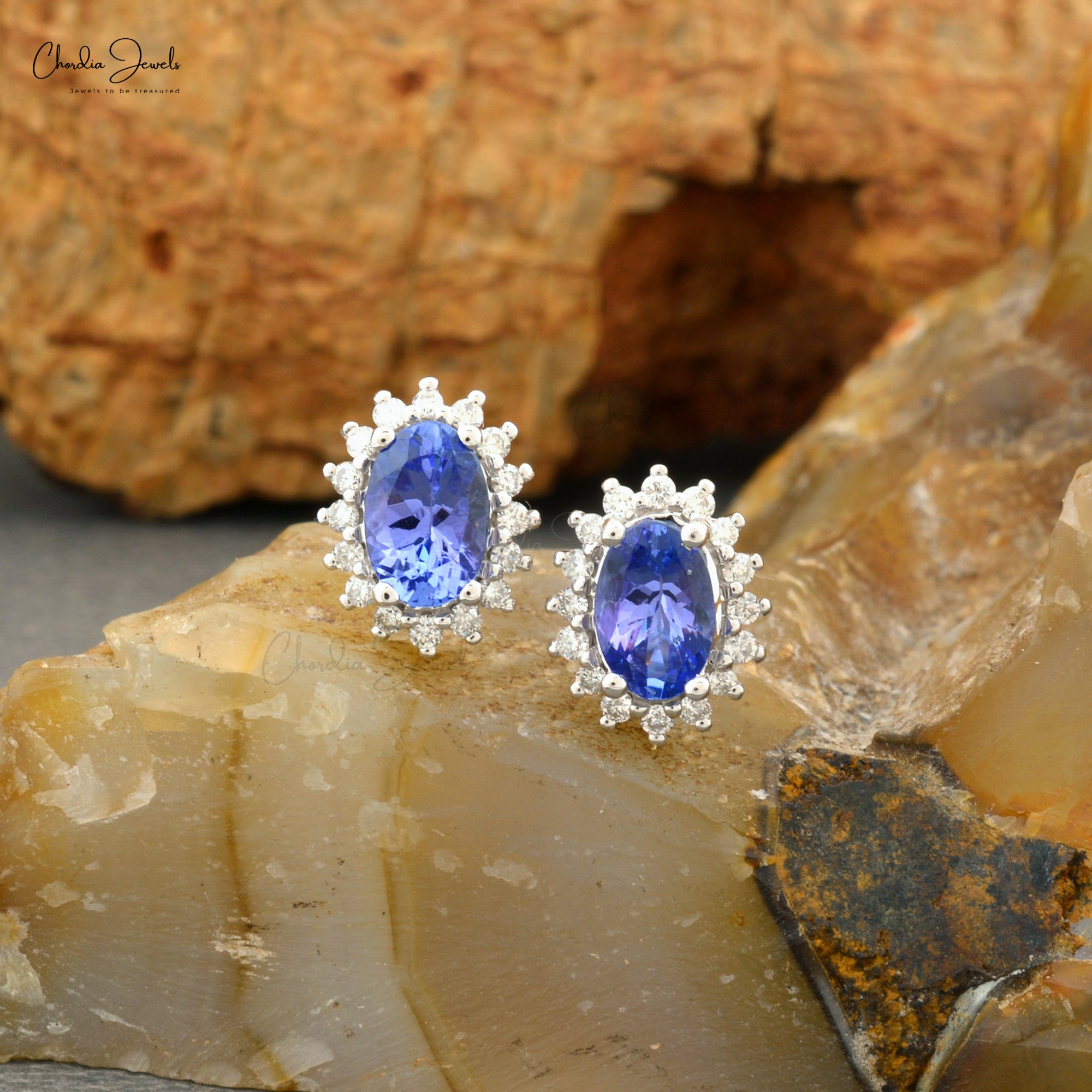 Oval-Cut 1.08ct Tanzanite Earrings with Diamond Halo in 14k Solid White Gold Charm Jewelry