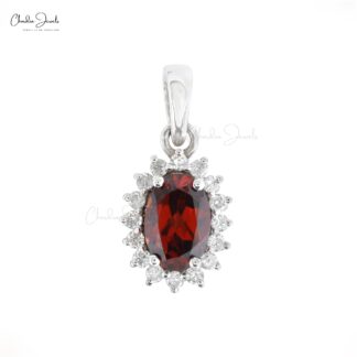Genuine Red Garnet Halo Pendant With 0.58ct Gemstone And Diamond 14k White Gold Pendant