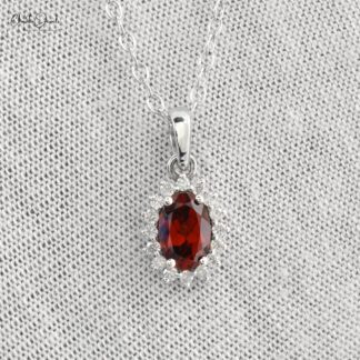 Genuine Red Garnet Halo Pendant With 0.58ct Gemstone And Diamond 14k White Gold Pendant