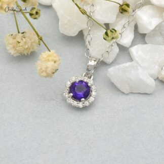 Genuine Amethyst Halo Pendant With 4mm Gemstone And Diamond 14k White Gold Pendant