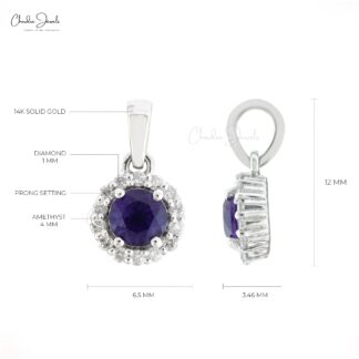 Genuine Amethyst Halo Pendant With 4mm Gemstone And Diamond 14k White Gold Pendant