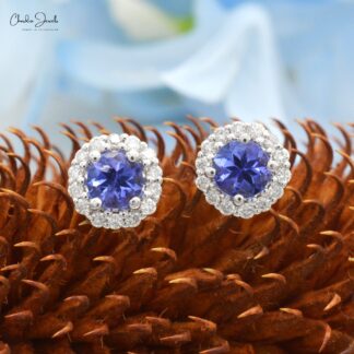 Genuine Tanzanite and Diamond Halo Studs 14k White Gold Women Earrings For Birthday Gift