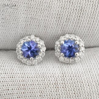 Genuine Tanzanite and Diamond Halo Studs 14k White Gold Women Earrings For Birthday Gift