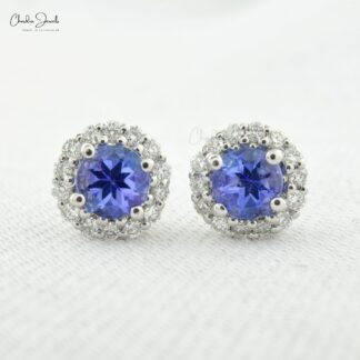 Genuine Tanzanite and Diamond Halo Studs 14k White Gold Women Earrings For Birthday Gift