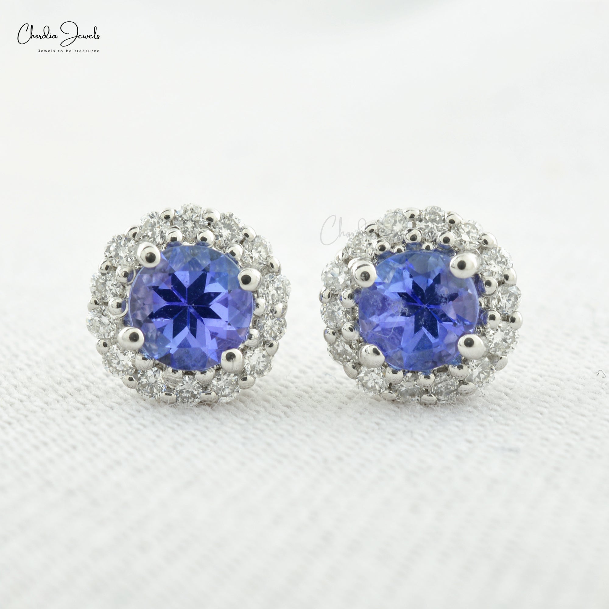 Genuine Tanzanite and Diamond Halo Studs 14k White Gold Women Earrings For Birthday Gift