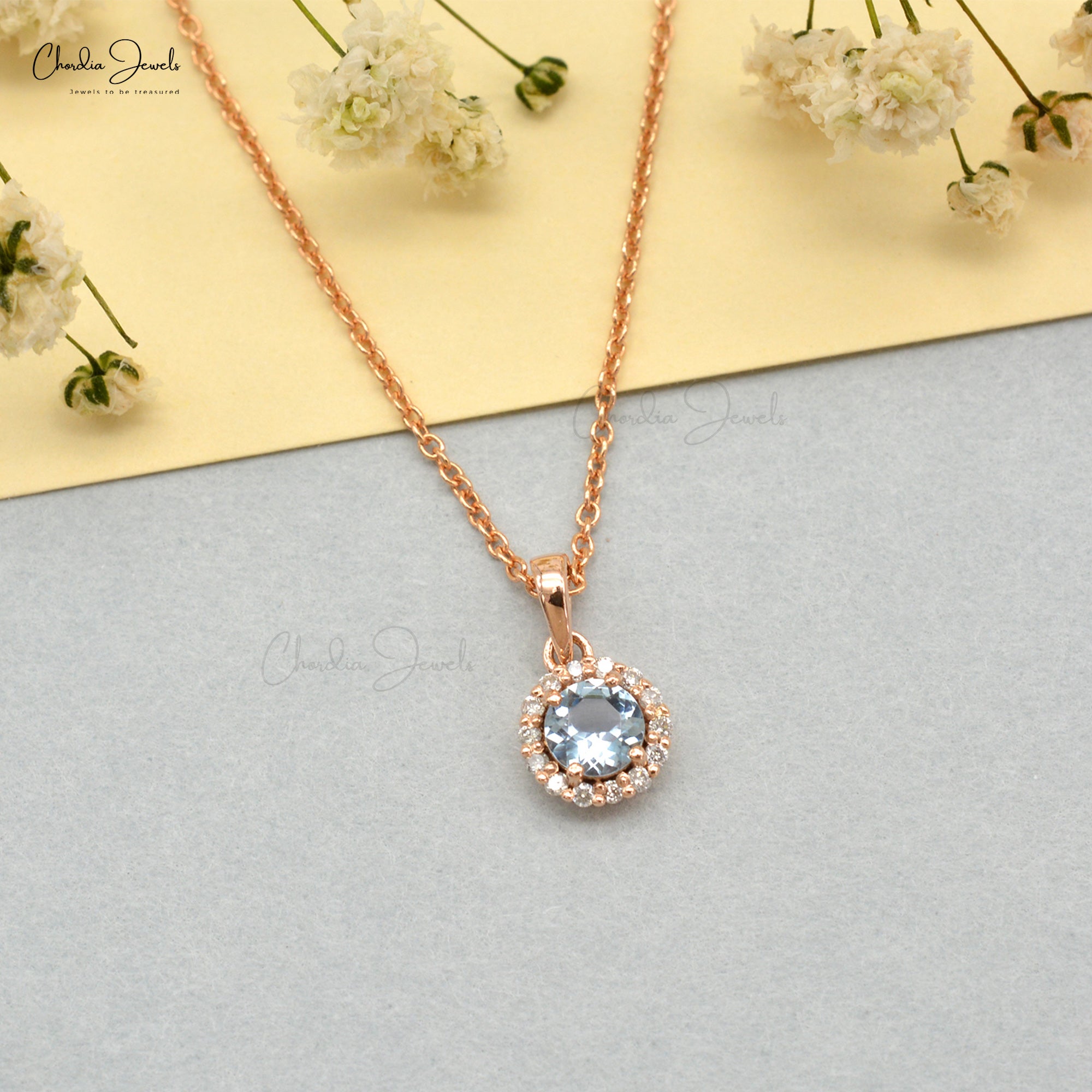 Genuine Aquamarine Halo Pendant In 14k Rose Gold Pave Diamond Round Gemstone Necklace