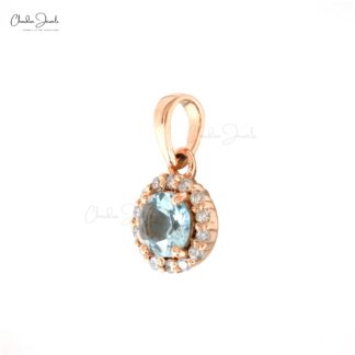 Genuine Aquamarine Halo Pendant In 14k Rose Gold Pave Diamond Round Gemstone Necklace