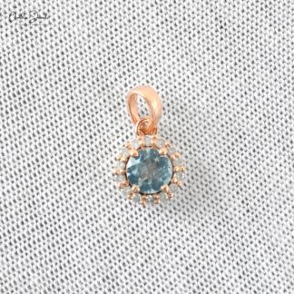 Genuine Aquamarine Halo Pendant In 14k Rose Gold Pave Diamond Round Gemstone Necklace