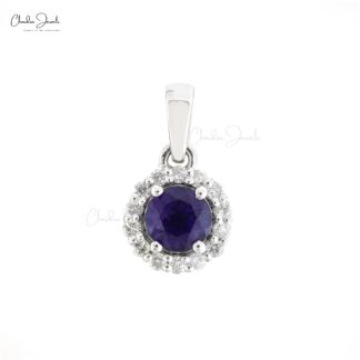 Solid 14k White Gold Charm With 4mm Amethyst Gemstone Diamond Halo Anniversary Pendant