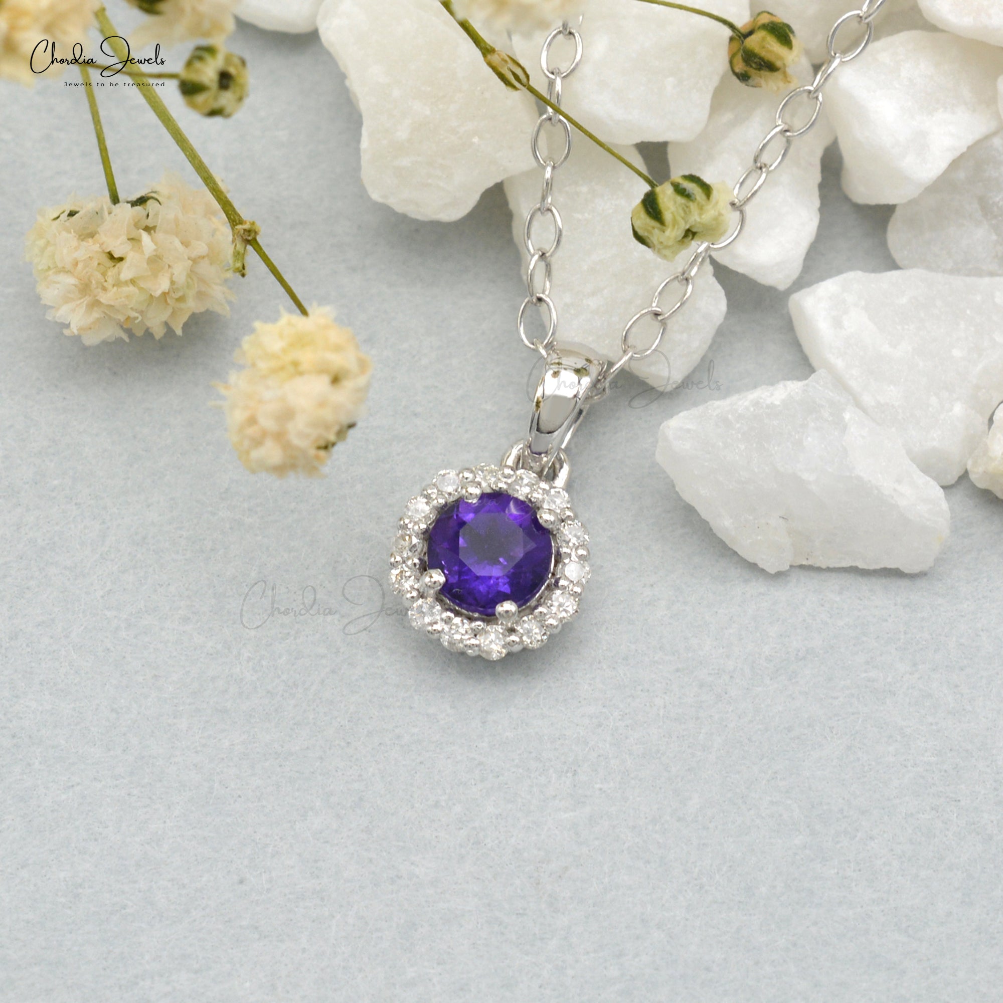 Solid 14k White Gold Charm With 4mm Amethyst Gemstone Diamond Halo Anniversary Pendant