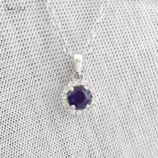Solid 14k White Gold Charm With 4mm Amethyst Gemstone Diamond Halo Anniversary Pendant
