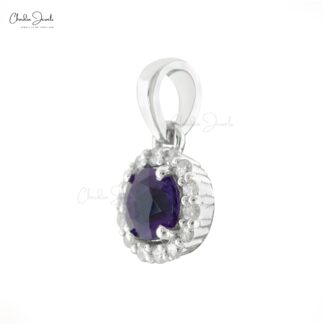 Solid 14k White Gold Charm With 4mm Amethyst Gemstone Diamond Halo Anniversary Pendant