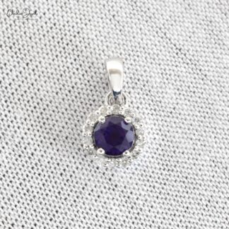 Solid 14k White Gold Charm With 4mm Amethyst Gemstone Diamond Halo Anniversary Pendant
