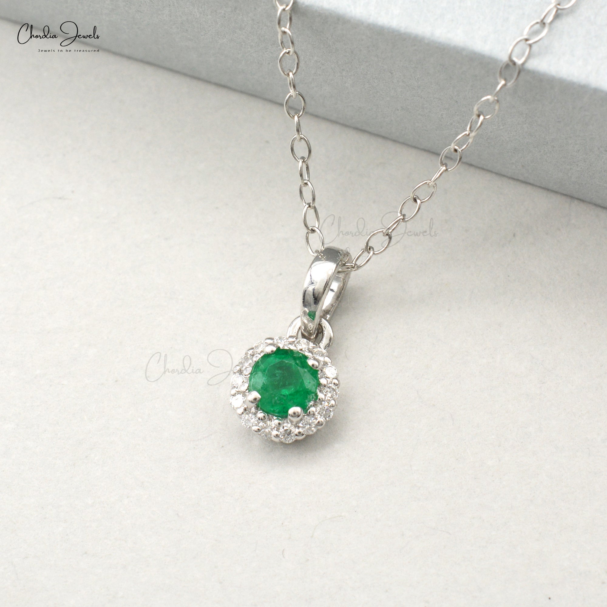 Brilliant Cut Halo Diamond Pendant In 14k White Gold Emerald Gemstone Women Pendants
