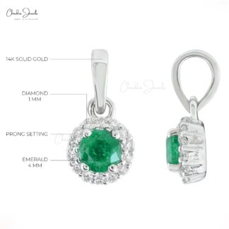 Brilliant Cut Halo Diamond Pendant In 14k White Gold Emerald Gemstone Women Pendants