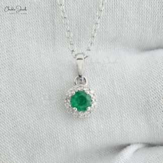 Brilliant Cut Halo Diamond Pendant In 14k White Gold Emerald Gemstone Women Pendants