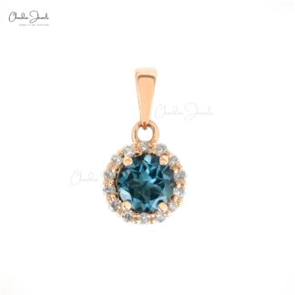 AAA London Blue Topaz Halo Pendant In 14k Rose Gold Pave Diamond Handmade Jewelry