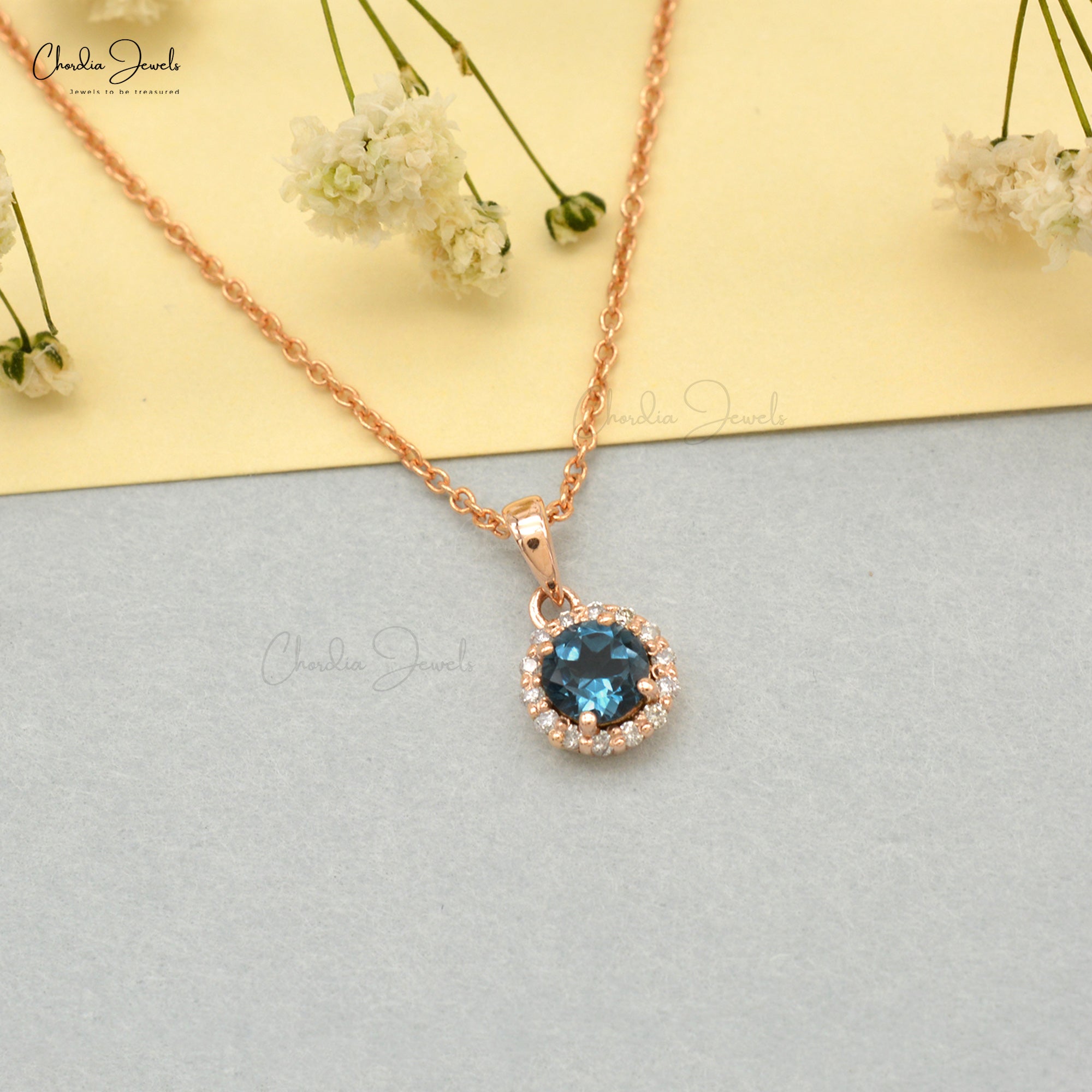 AAA London Blue Topaz Halo Pendant In 14k Rose Gold Pave Diamond Handmade Jewelry