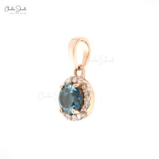 AAA London Blue Topaz Halo Pendant In 14k Rose Gold Pave Diamond Handmade Jewelry