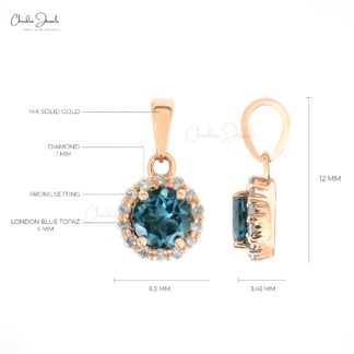 AAA London Blue Topaz Halo Pendant In 14k Rose Gold Pave Diamond Handmade Jewelry
