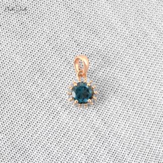 AAA London Blue Topaz Halo Pendant In 14k Rose Gold Pave Diamond Handmade Jewelry