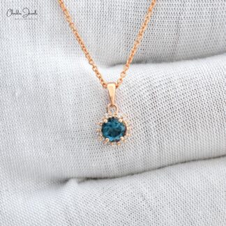 AAA London Blue Topaz Halo Pendant In 14k Rose Gold Pave Diamond Handmade Jewelry