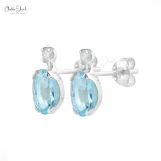 March Birthstone Natural Aquamarine Earrings 7x5mm Oval Cut Gemstone Earrings 14k Solid White Gold Diamond Earrings For Women’s