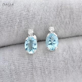 March Birthstone Natural Aquamarine Earrings 7x5mm Oval Cut Gemstone Earrings 14k Solid White Gold Diamond Earrings For Women's