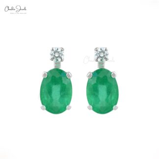 Natural 1.44Ct Green Emerald & Diamond Two Stone Stud Earrings