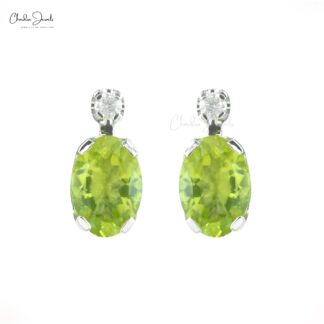 Oval Cut 7x5mm Natural Peridot Diamond Accented Studs Earrings 14k Solid White Gold Earrings For Her