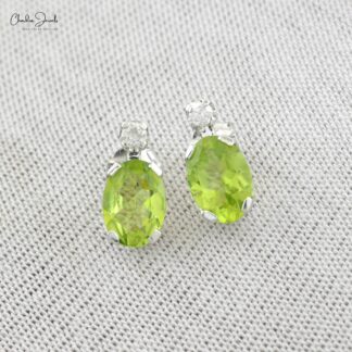 Oval Cut 7x5mm Natural Peridot Diamond Accented Studs Earrings 14k Solid White Gold Earrings For Her