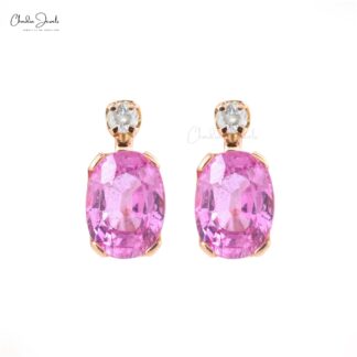 Prong Set Natural Pink Sapphire Earrings 7x5mm Oval Cut Gemstone Earrings 14k Solid Rose Gold Diamond Studs For Wedding Gift