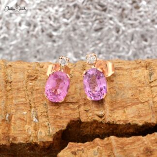 Prong Set Natural Pink Sapphire Earrings 7x5mm Oval Cut Gemstone Earrings 14k Solid Rose Gold Diamond Studs For Wedding Gift