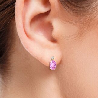 Prong Set Natural Pink Sapphire Earrings 7x5mm Oval Cut Gemstone Earrings 14k Solid Rose Gold Diamond Studs For Wedding Gift