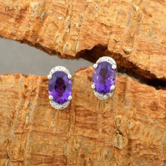 Purple Amethyst Half Halo Studs 7x5mm Oval Cut Natural Gemstone Handmade Earrings 14k Real Gold Diamond Summer Jewelry