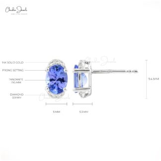 Genuine Blue Tanzanite Half Halo Studs 14k White Gold G-H Diamond Summer Jewelry 7x5mm Oval Cut Gemstone Push Back Earrings For Her