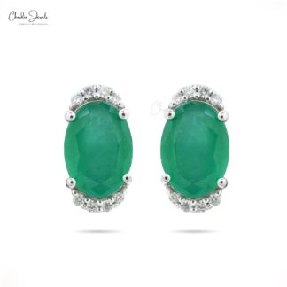 Real 14k White Gold Emerald & Diamond Half Halo Studs For Women