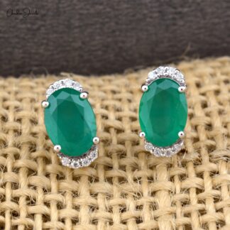 Real 14k White Gold Emerald & Diamond Half Halo Studs For Women