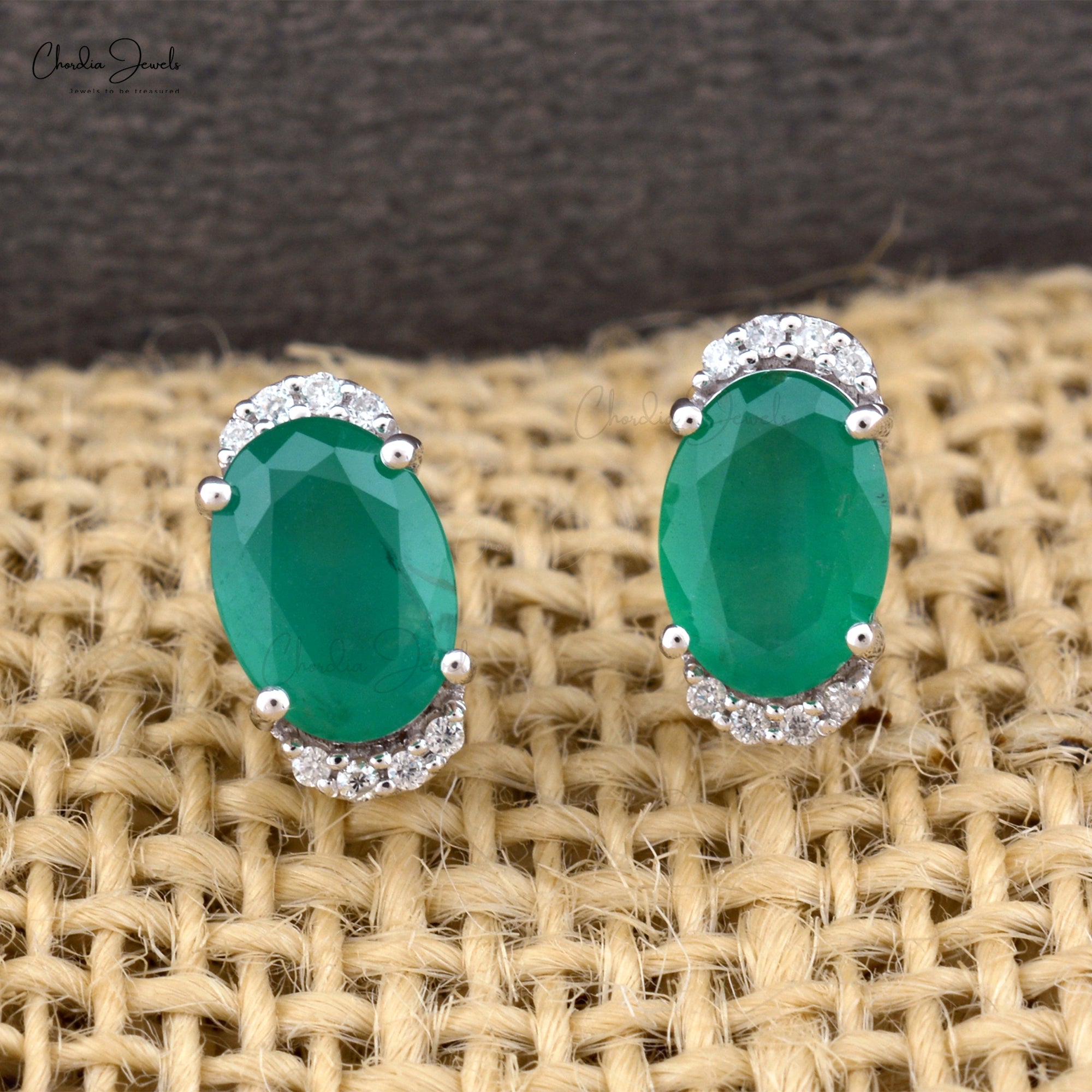 Real 14k White Gold Emerald & Diamond Half Halo Studs For Women