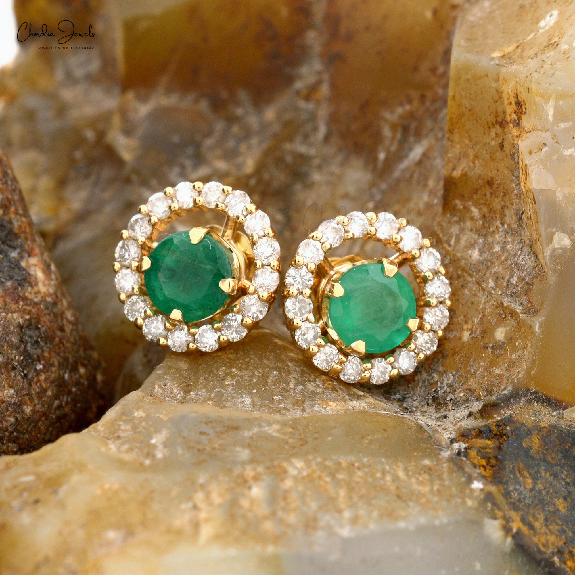 Real Emerald Diamond Detachable Stud Earrings In 14k Yellow Gold